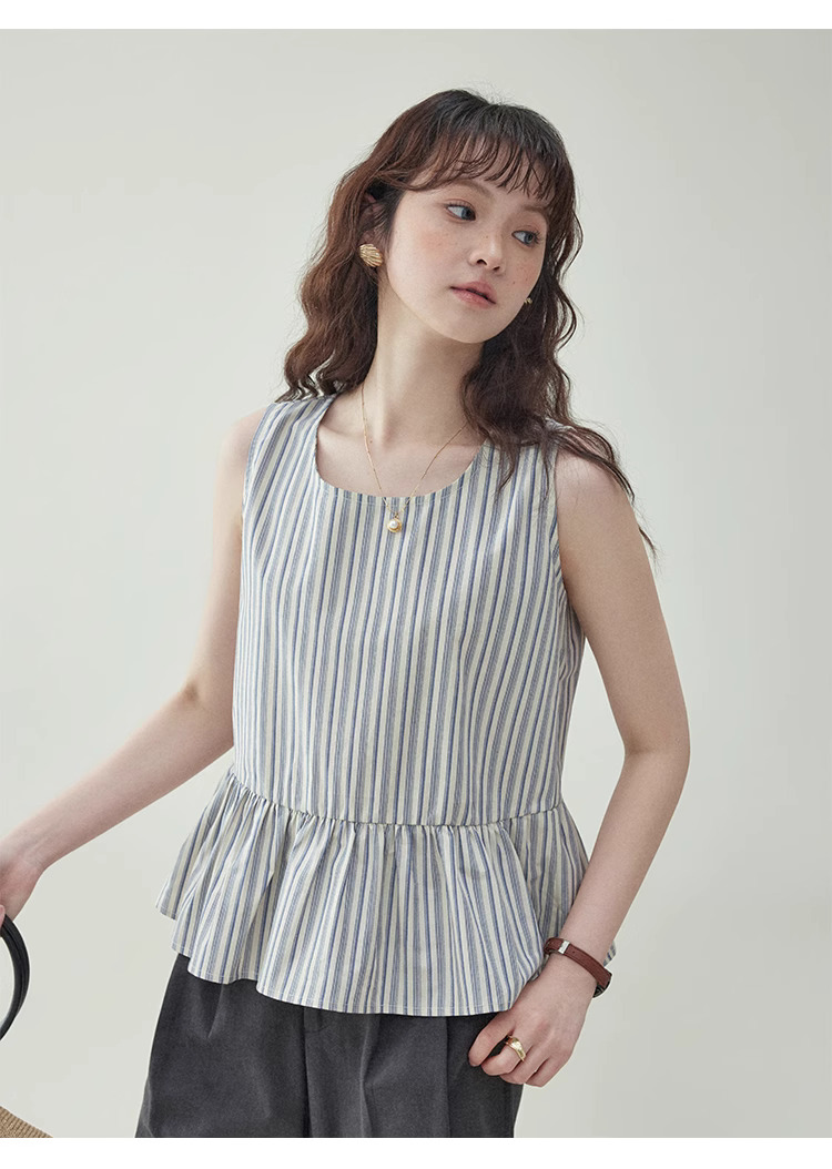豎條紋無袖純棉娃娃襯衫女夏季新款寬鬆背心上衣