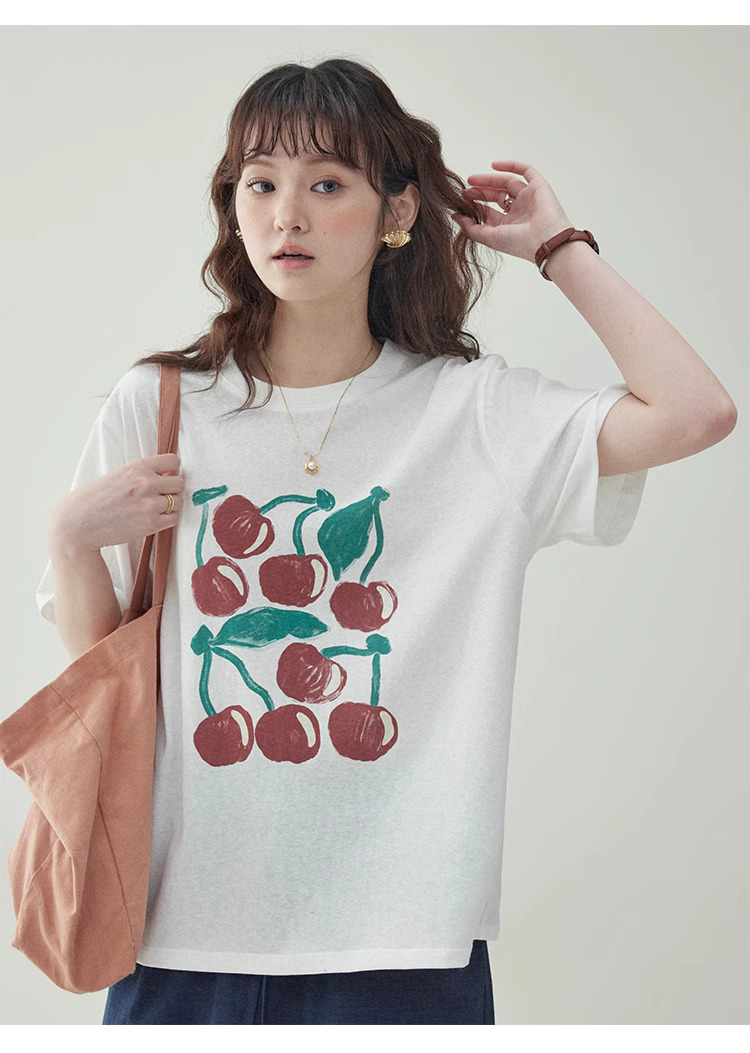 拼色櫻桃印花純棉短袖t卹女夏新款寬鬆百搭上衣