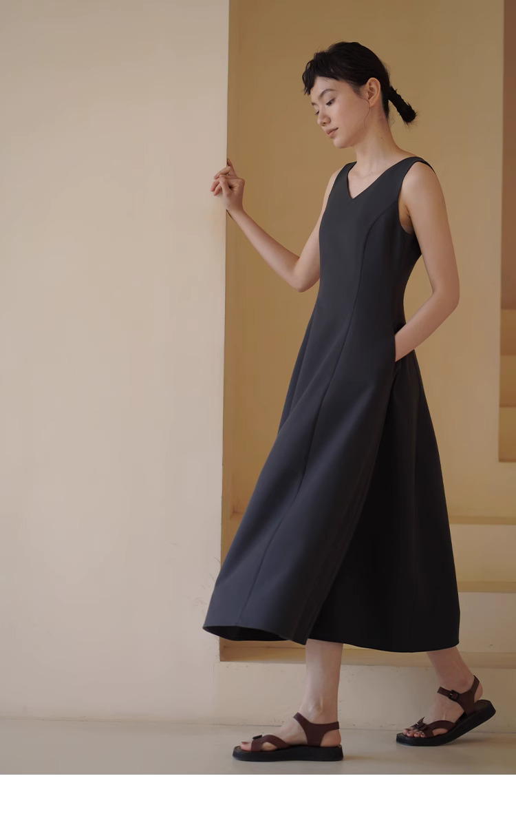 搖曳漫步優雅洋裝無袖V領收腰立裁遮肉大裙擺通勤裙子