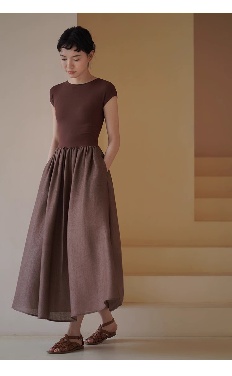 顯白特調赭紅彈性針織拼接大裙擺合身顯瘦梨形洋裝女