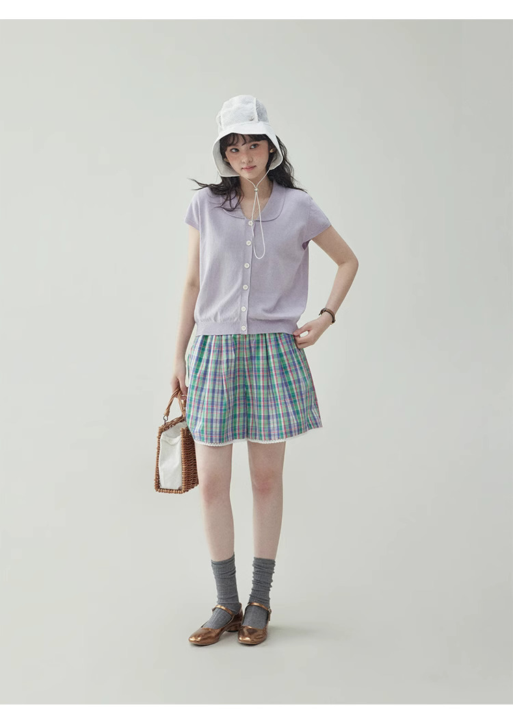 溫柔紫色娃娃v領針織衫女夏季新款短袖扣上衣