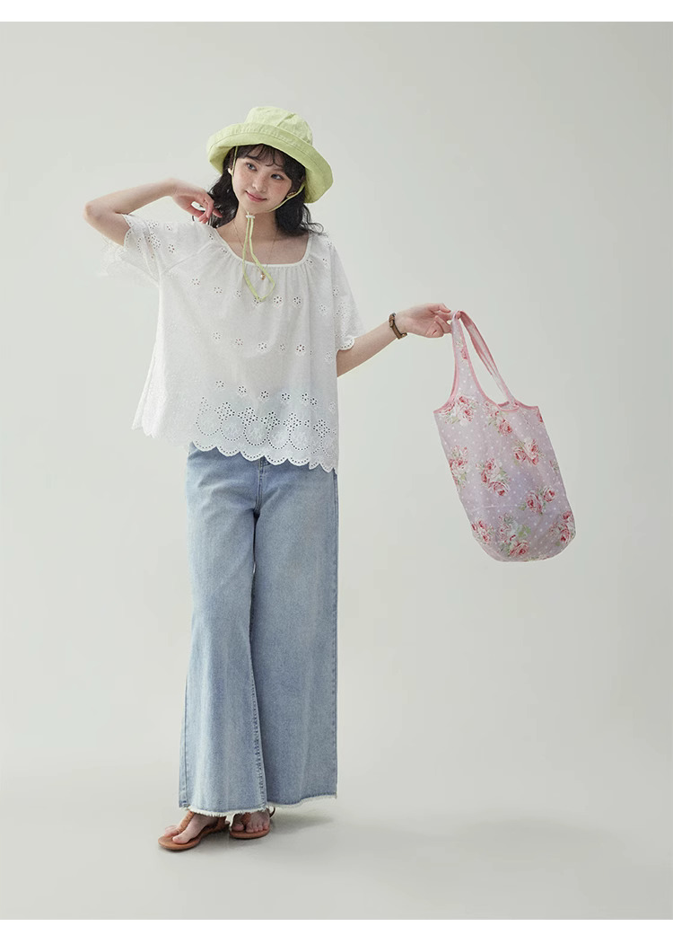 法式鏤空花邊純棉白襯衫女夏季新款寬鬆短袖上衣
