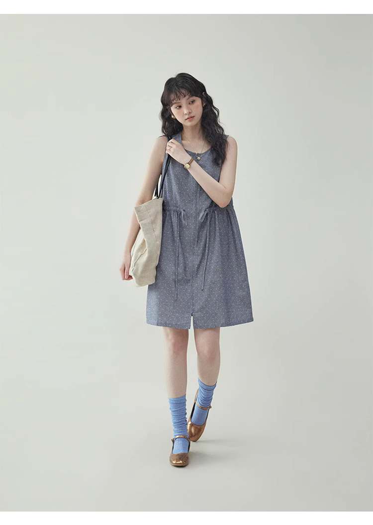 韓系波點無袖拉鍊洋裝女夏季新款抽繩背心短裙