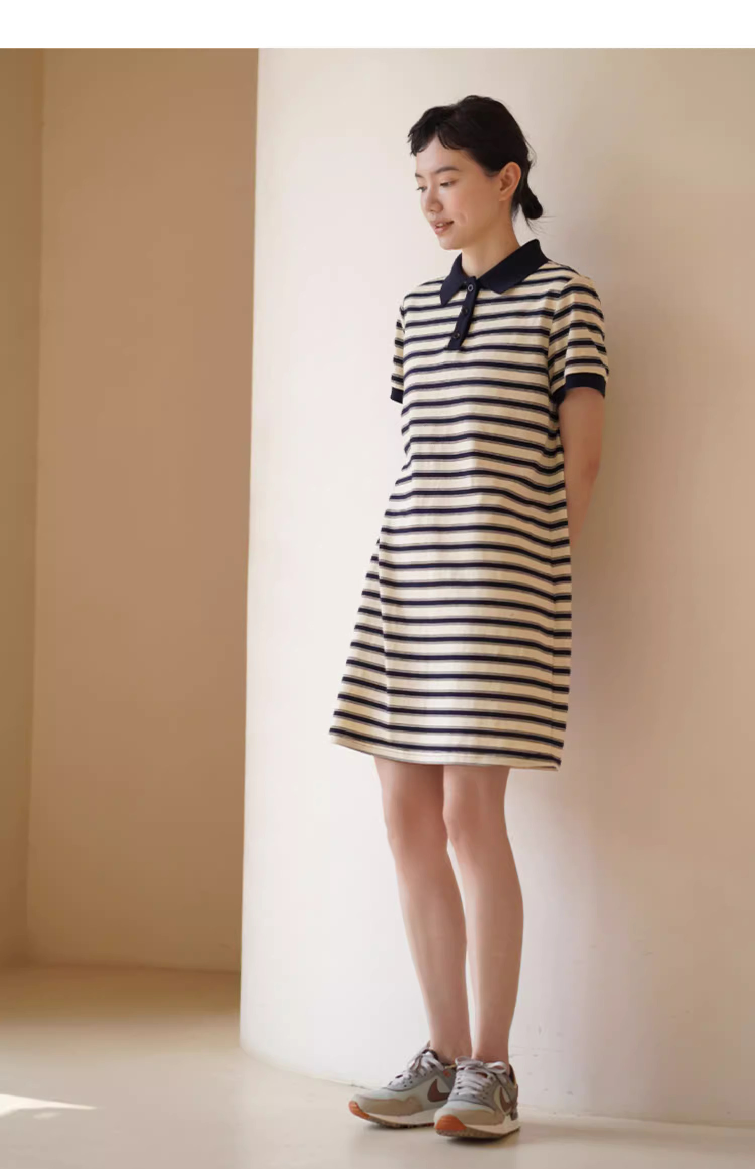 美式條紋日洋裝24支雙紗平紋棉混紡顯瘦撞色Polo裙女