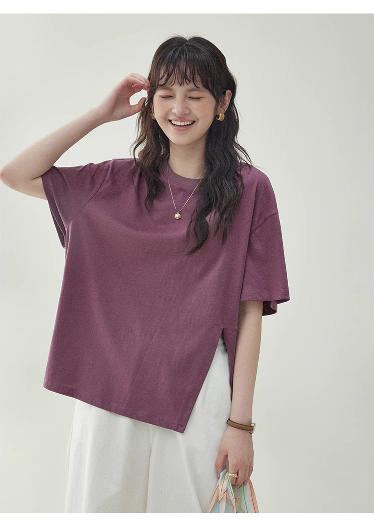 復古純色開叉短袖T恤女夏季新款設計感寬鬆上衣