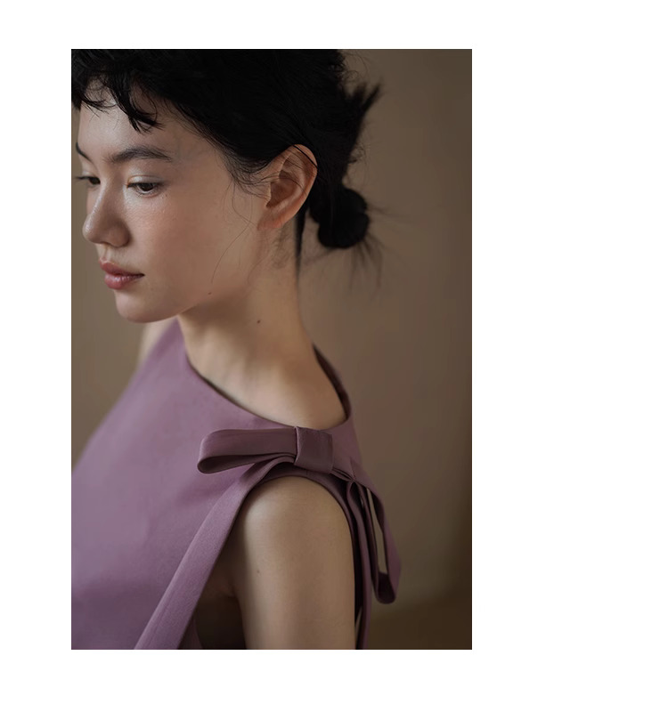 冷萃玫瑰洋裝顯白光澤綢感蝴蝶結無袖A字顯瘦背心裙女