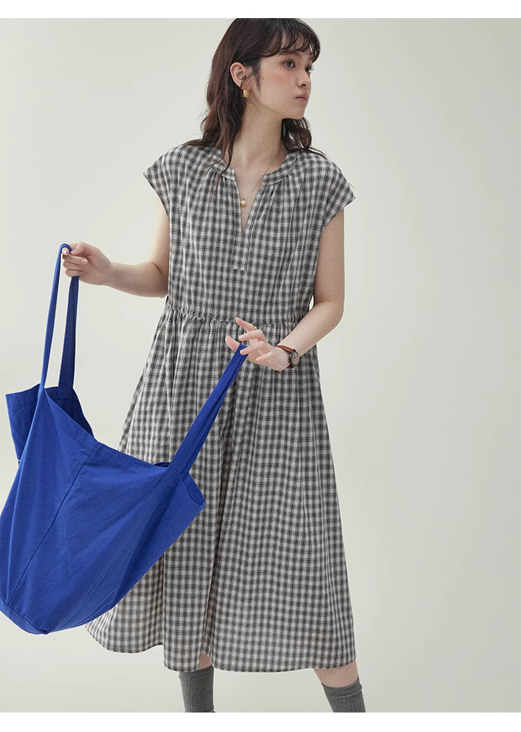 黑格抽繩v領純棉洋裝女夏季新款a字短袖中長裙