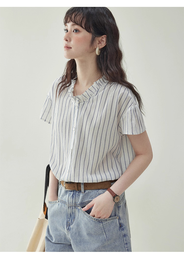 清爽豎紋花邊領短袖襯衫女夏季新款純棉寬鬆上衣