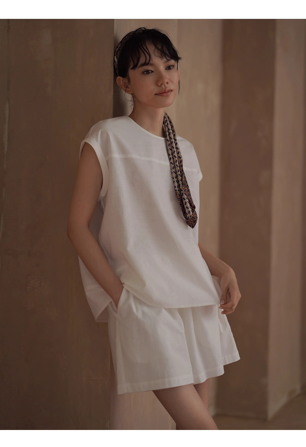 月光沙灘亞麻棉混紡度假透氣涼爽寬鬆上衣短褲兩件套裝