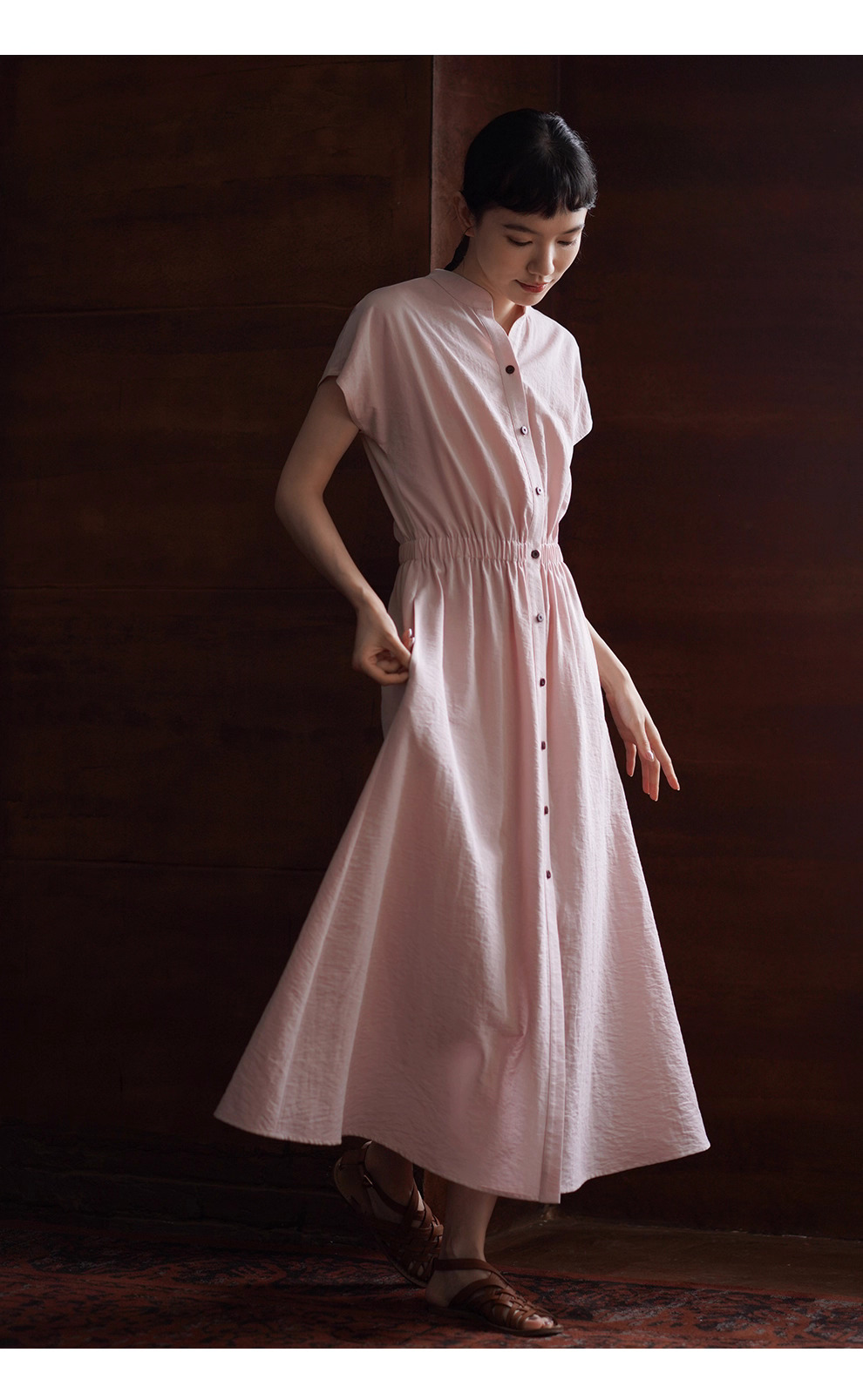 冰透粉晶洋裝寬鬆收腰短袖長撞色釦子立領襯衫裙子