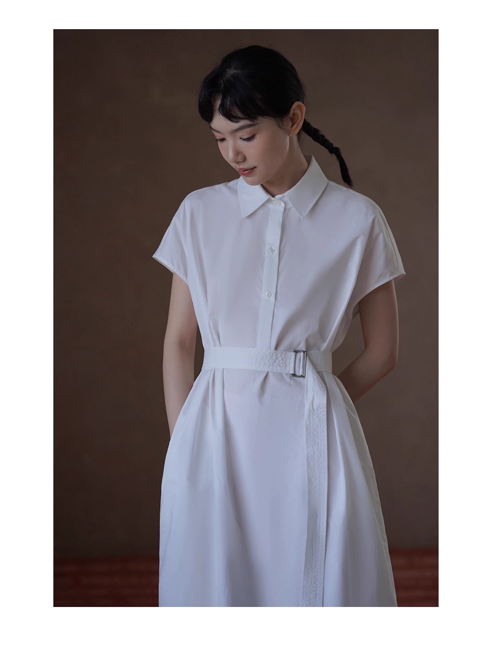 浮生一日清冷通勤洋裝寬鬆顯瘦腰帶半門襟長襯衫裙