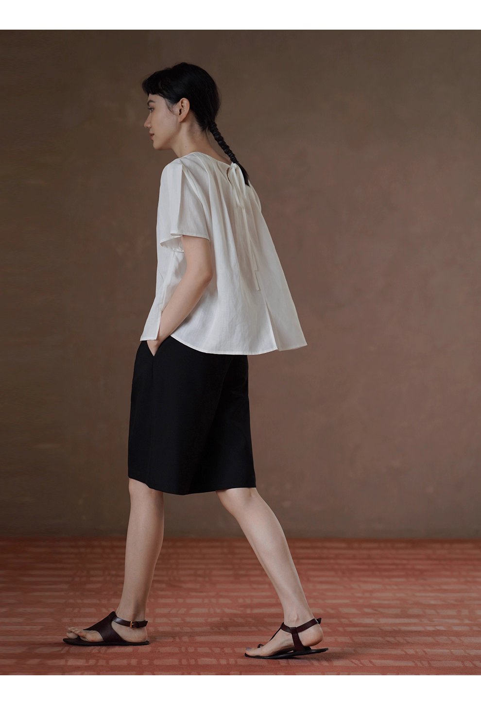 清香白檸檬上衣壓褶圓領A字顯瘦萊賽爾亞麻透氣通勤襯衫