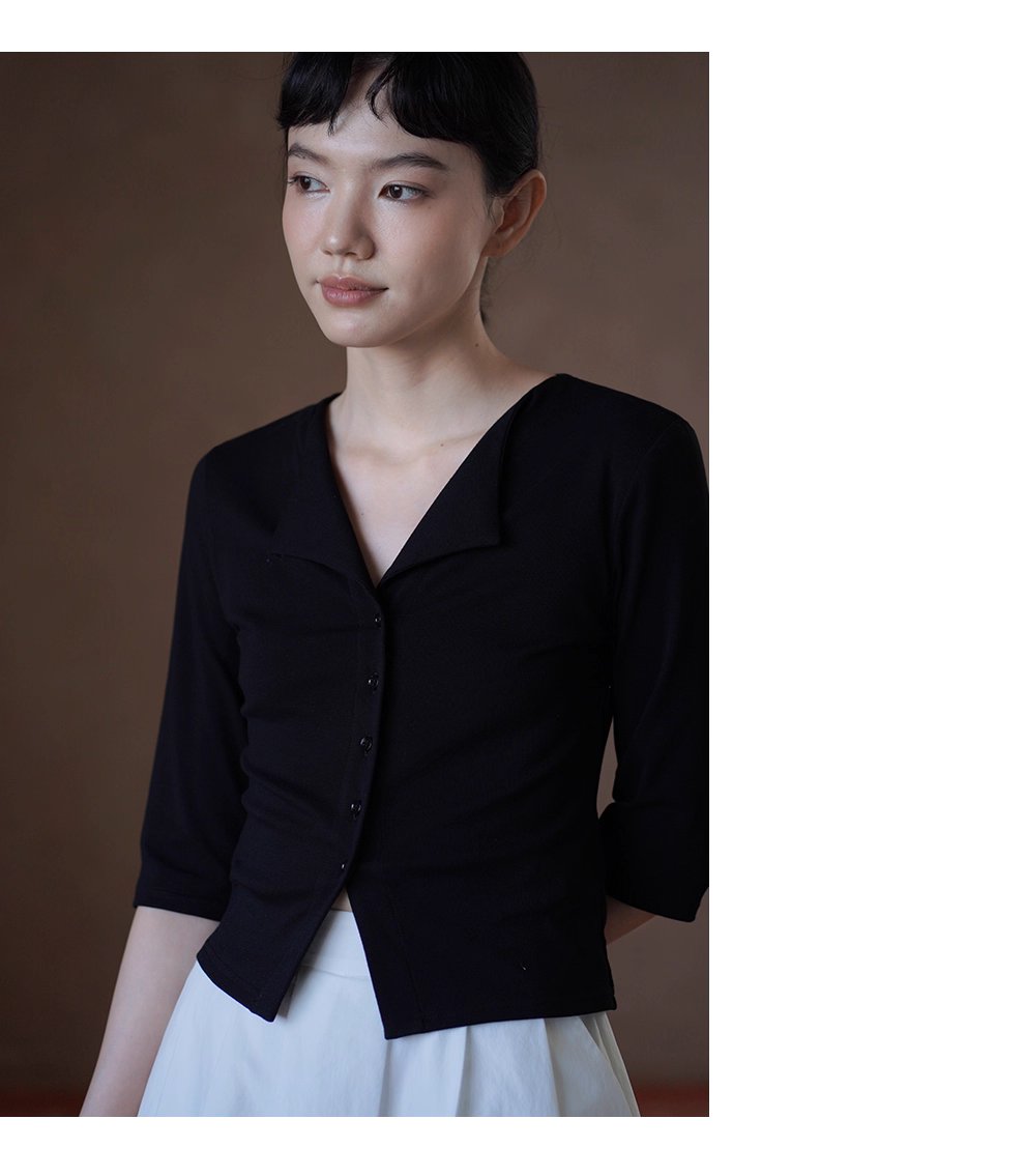 品質通勤雙面織布V領氣質上衣遮肉中袖合身彈性顯瘦T恤