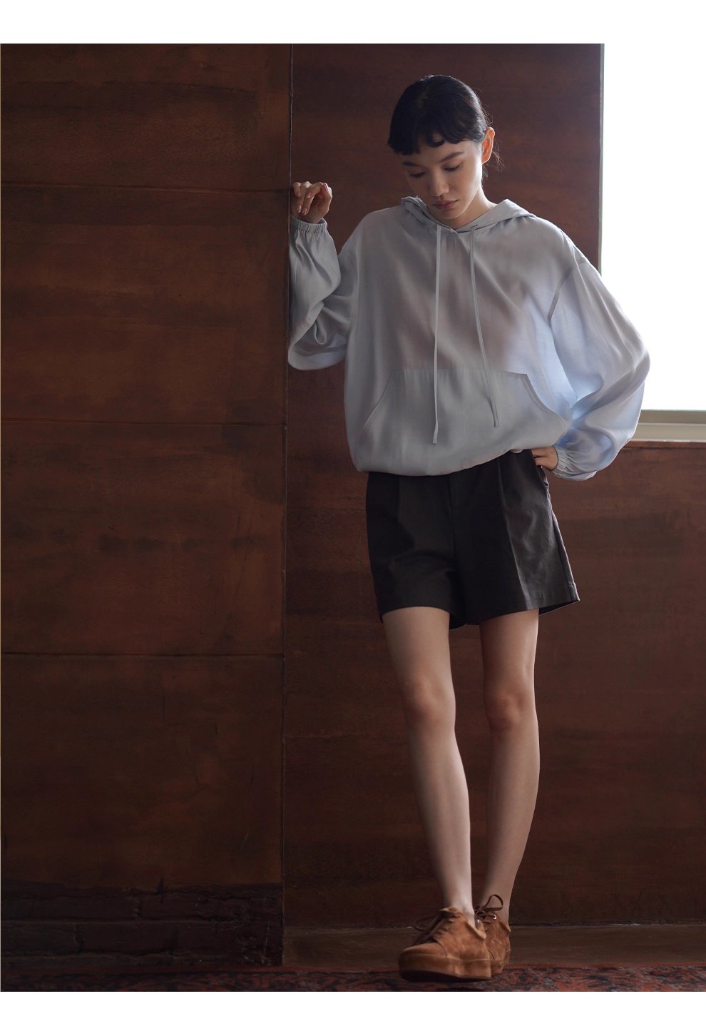 潤石晶藍清涼透氣連帽寬鬆顯瘦長袖休閒襯衫薄上衣女