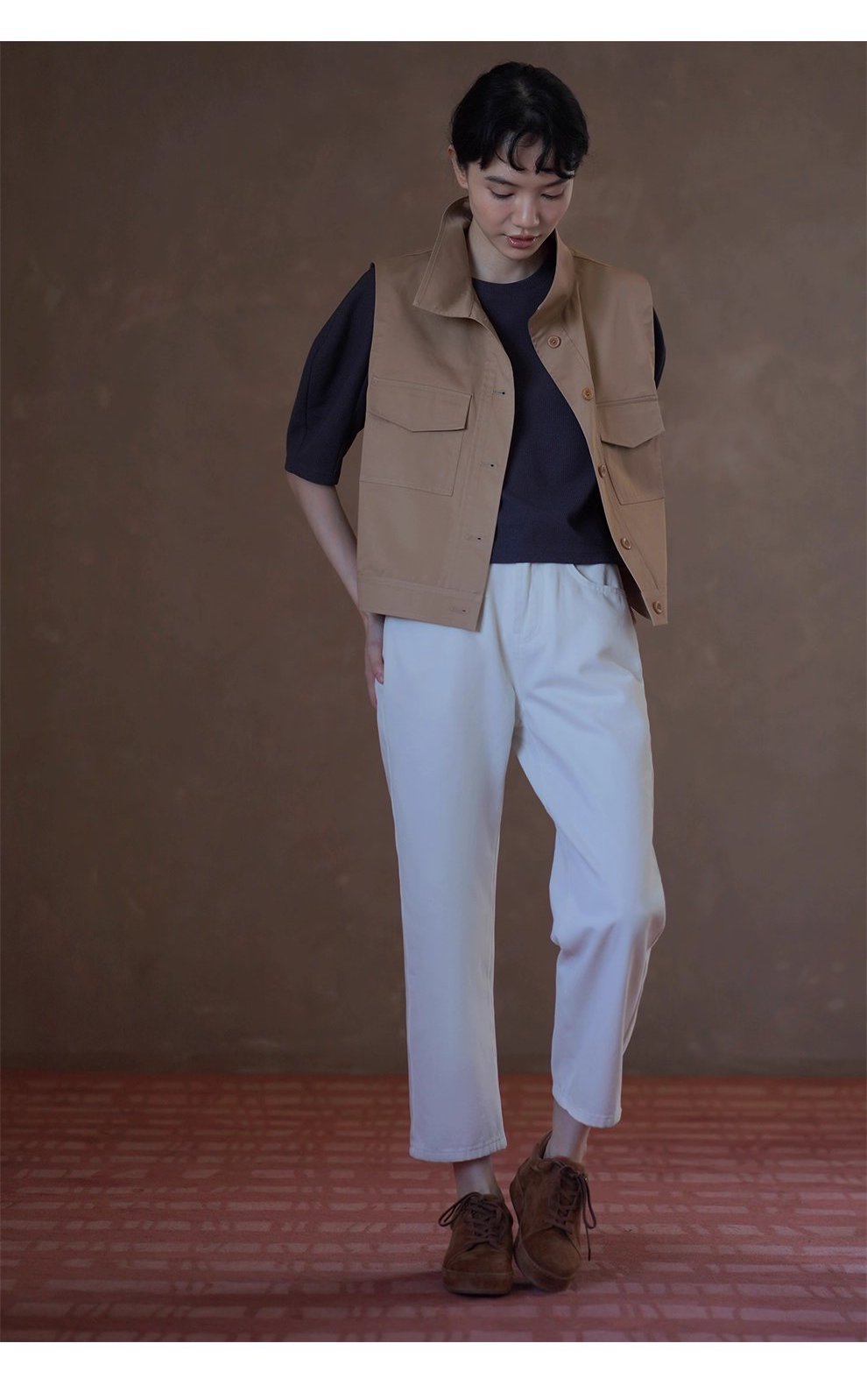 楓葉長椅馬甲顯瘦挺括親膚萊賽爾棉立領工裝疊穿外套女