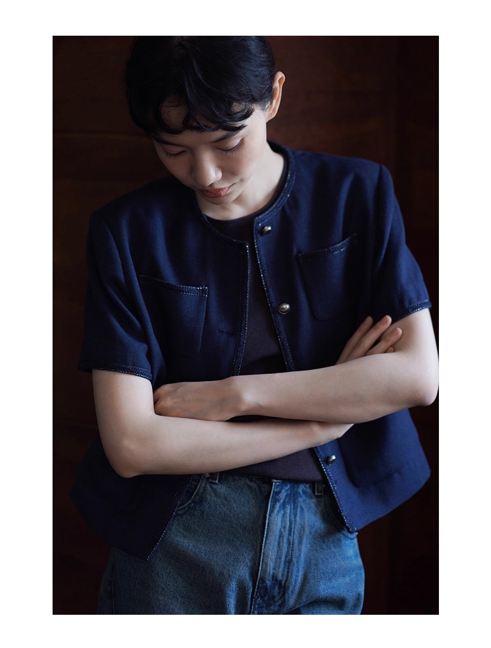 法式花邊拼接肌理感短袖小香氣質圓領通勤顯瘦短外套