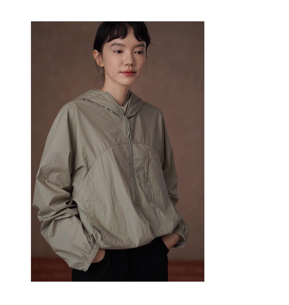 輕薄海苔工裝輕戶外上衣透氣寬鬆顯瘦拉鍊連帽沖風衣女