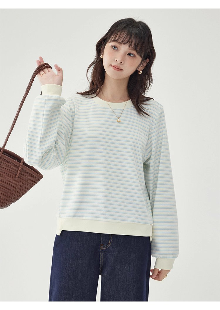 條紋不規則下擺衛衣T恤女秋季新款圓領長袖上衣