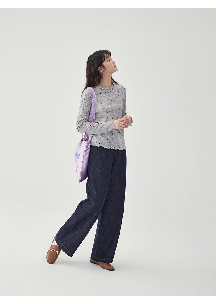 韓系密邊領波點長袖T恤女秋季新款內搭寬鬆上衣