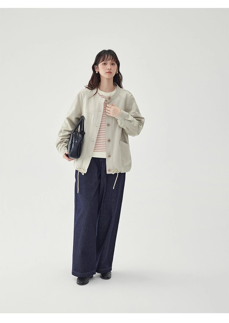 純色單排扣抽繩下擺外套女秋季新款圓領長袖上衣