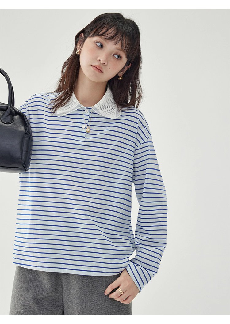 拼接翻領藍條紋長袖T恤女秋季新款寬鬆純棉上衣
