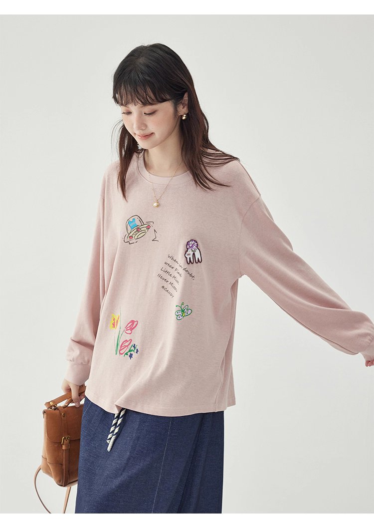 減齡印花落肩長袖粉紅T恤女秋新款寬鬆百搭上衣