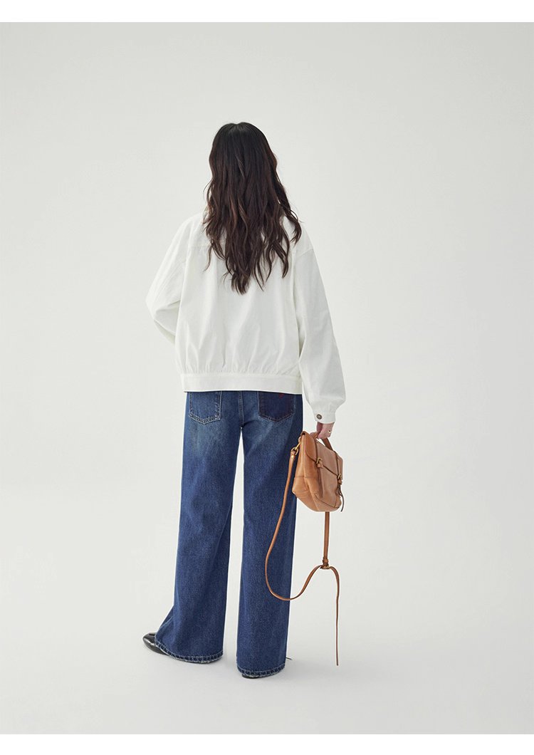 白色單排扣polo領長袖外套女25秋季新款寬鬆上衣