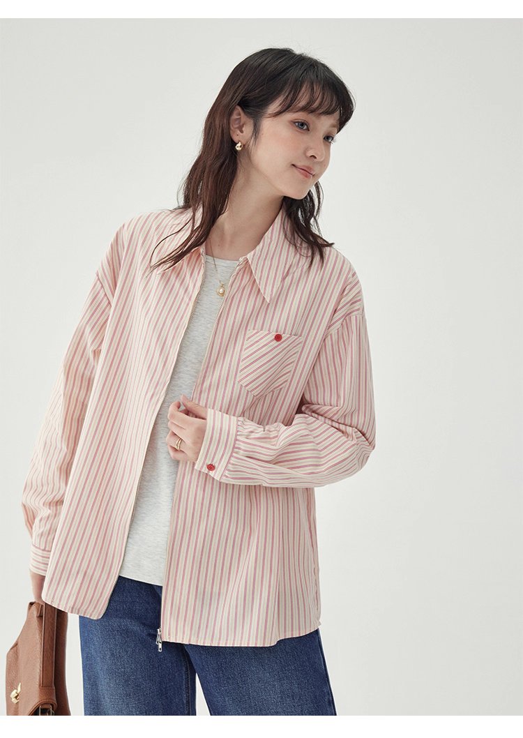 粉紅色圖案雙拉鍊長袖襯衫女秋季新款純棉外套上衣