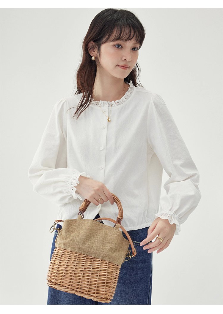 花邊長袖後貼花片白襯衫女秋季新款甜美純棉上衣