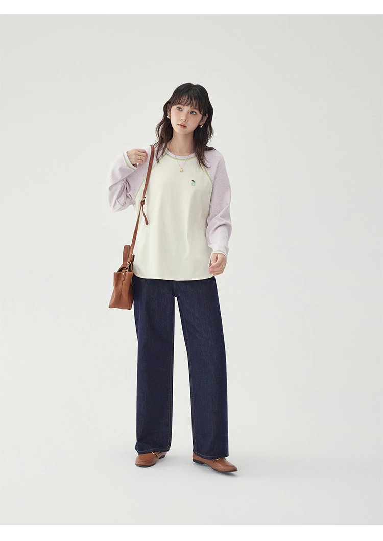 撞色插肩長袖側開叉T恤女秋季新款減齡刺繡上衣