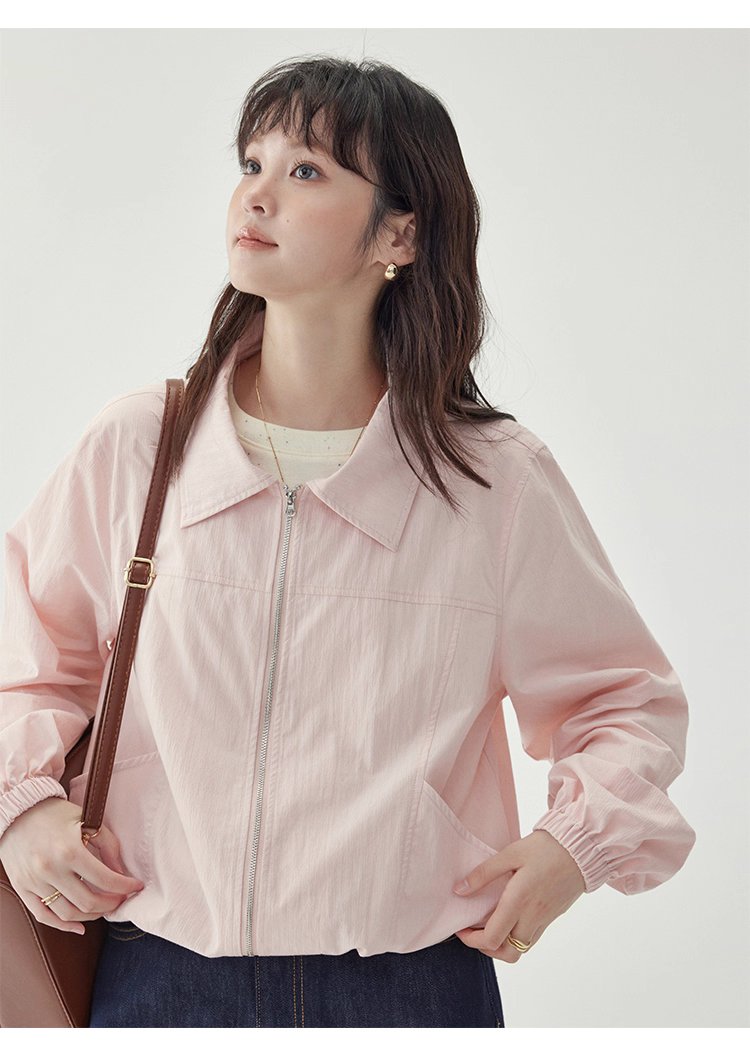 少女感粉紅拉鍊長袖外套女秋季新款翻領短版上衣