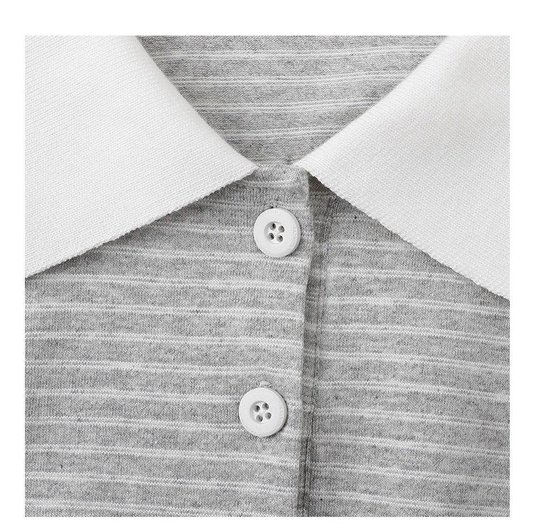 灰色條紋polo半開領t卹女秋季新款寬鬆長袖上衣