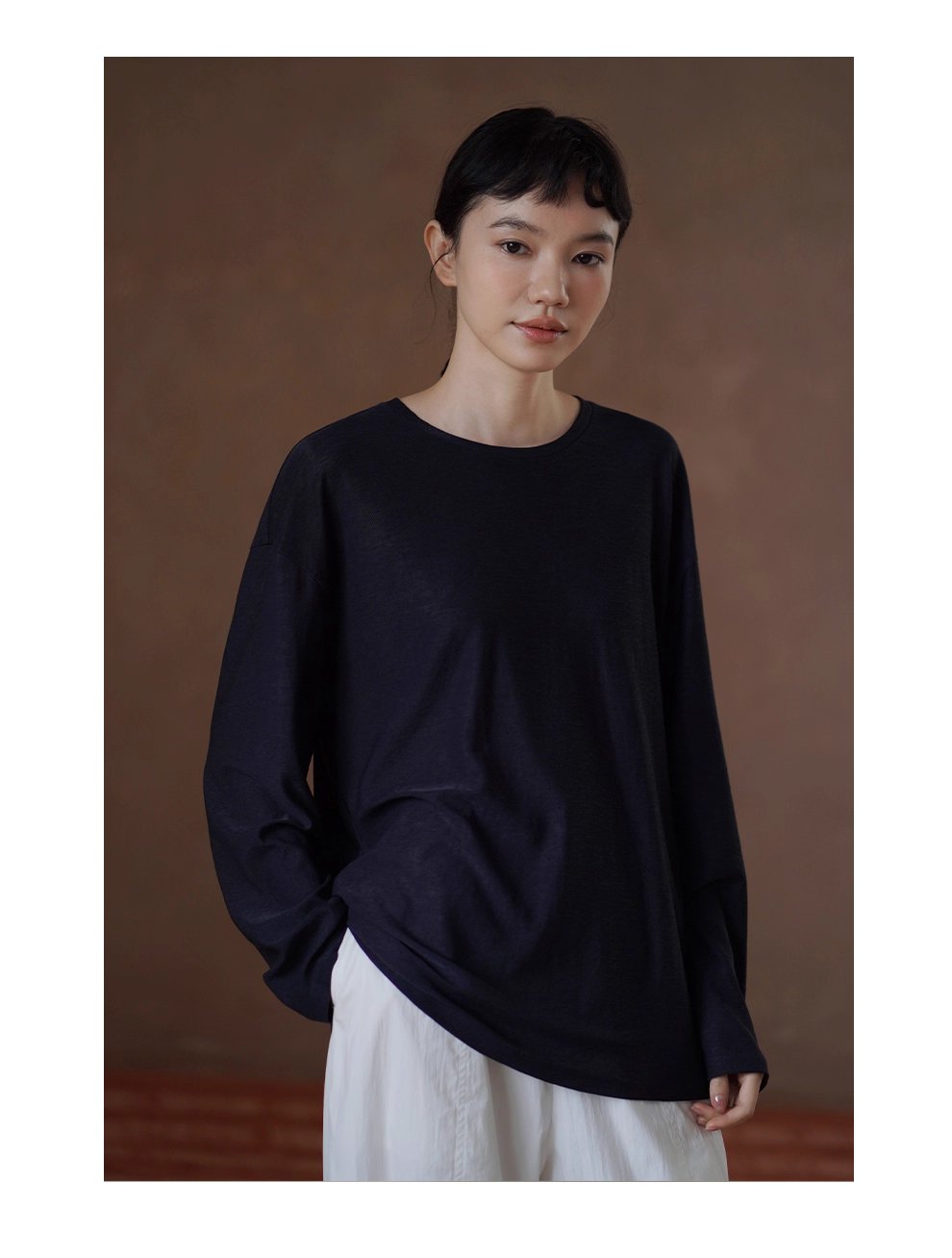 高品質桑蠶絲棉亞麻混紡竹節麻肌理感寬鬆顯瘦長袖T恤女