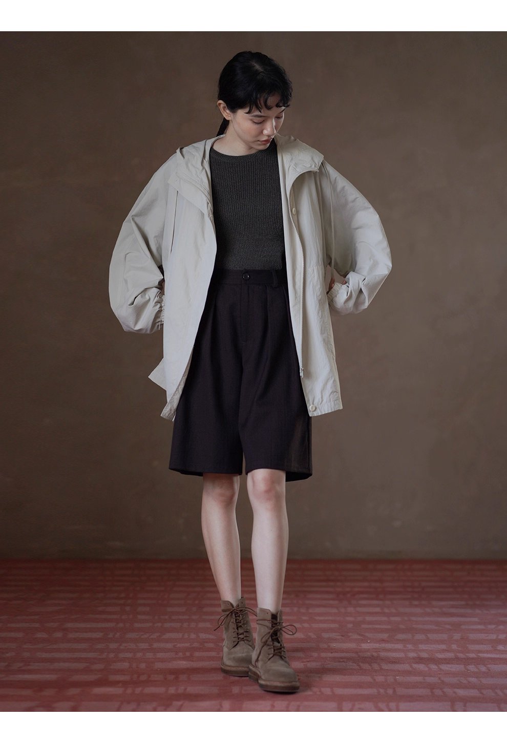 輕盈挺括山系少女外套寬鬆顯瘦連帽中長款輕戶外風衣女