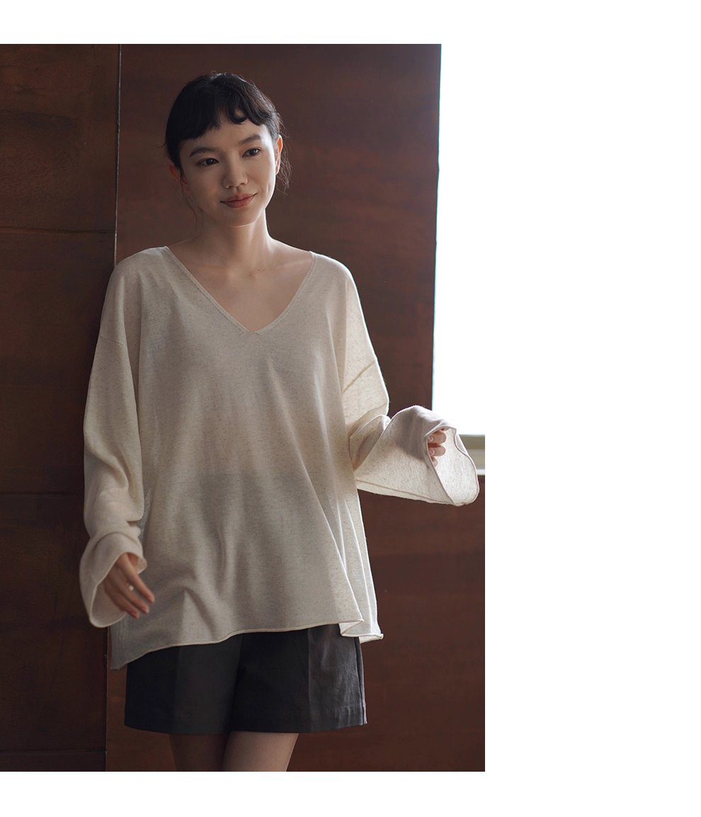 紙片人V領慵懶罩衫清爽天絲亞麻紗線寬鬆顯瘦長袖上衣女