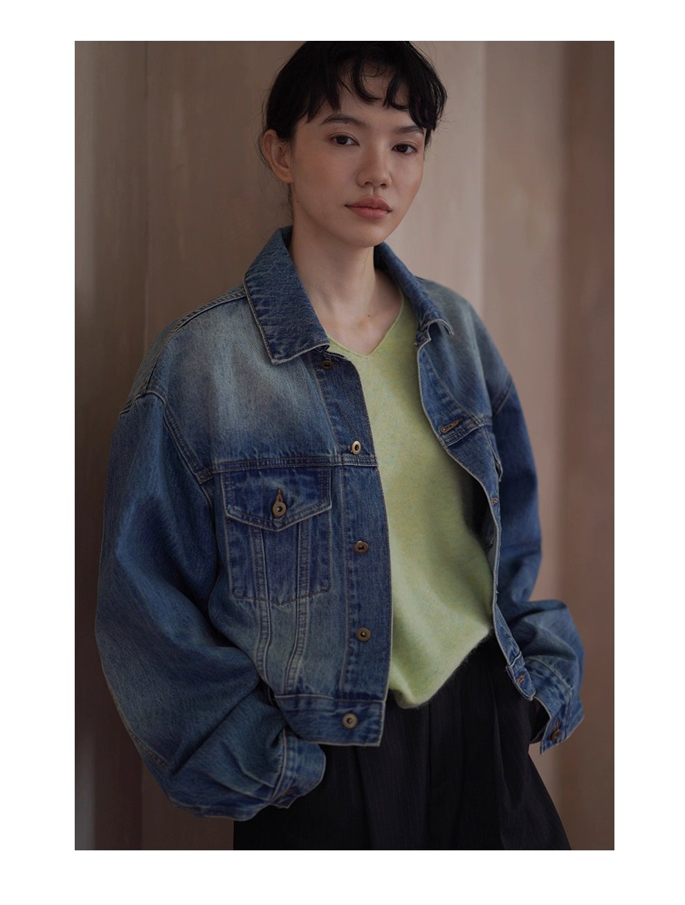 重回80年復古磨白柔軟水洗高克重長絨棉寬鬆牛仔外套女