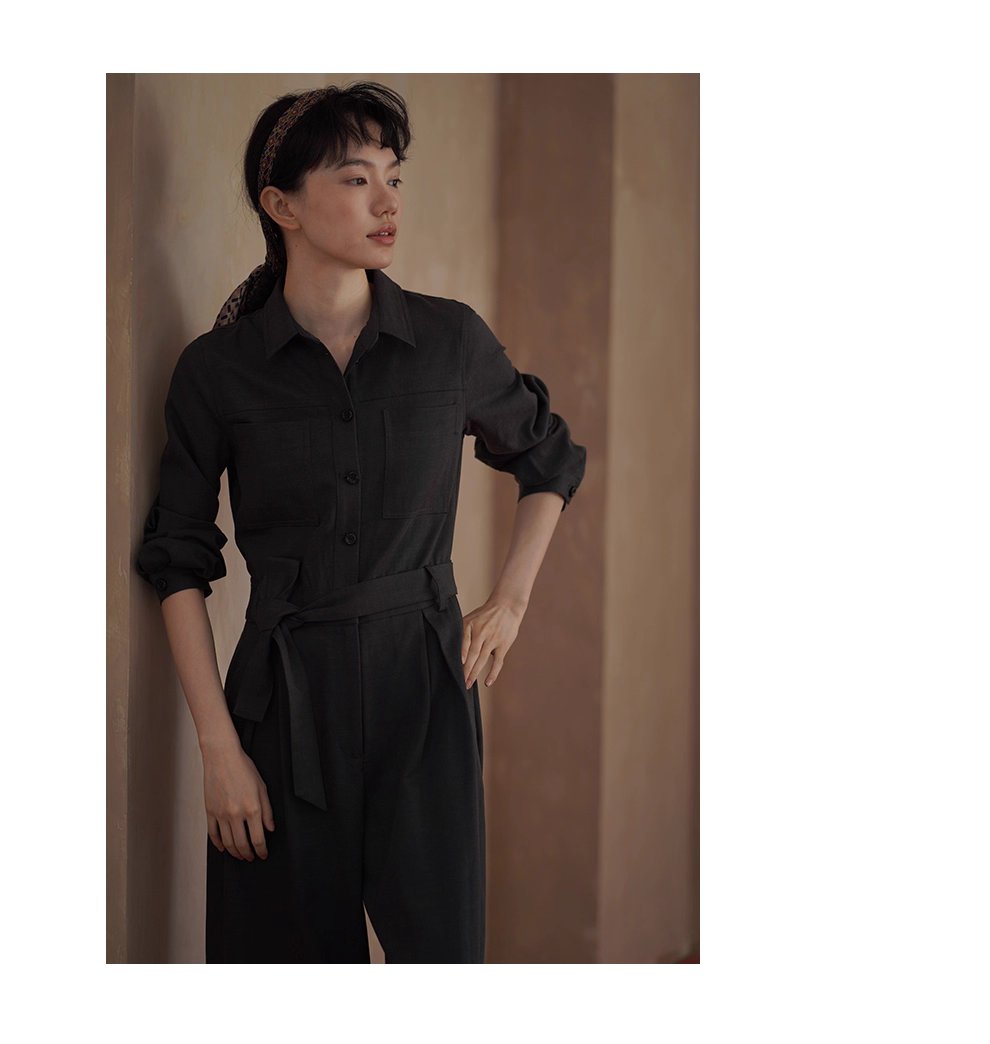 酷颯都市工裝寬鬆襯衫領闊腿顯瘦萊賽爾棉通勤連身褲