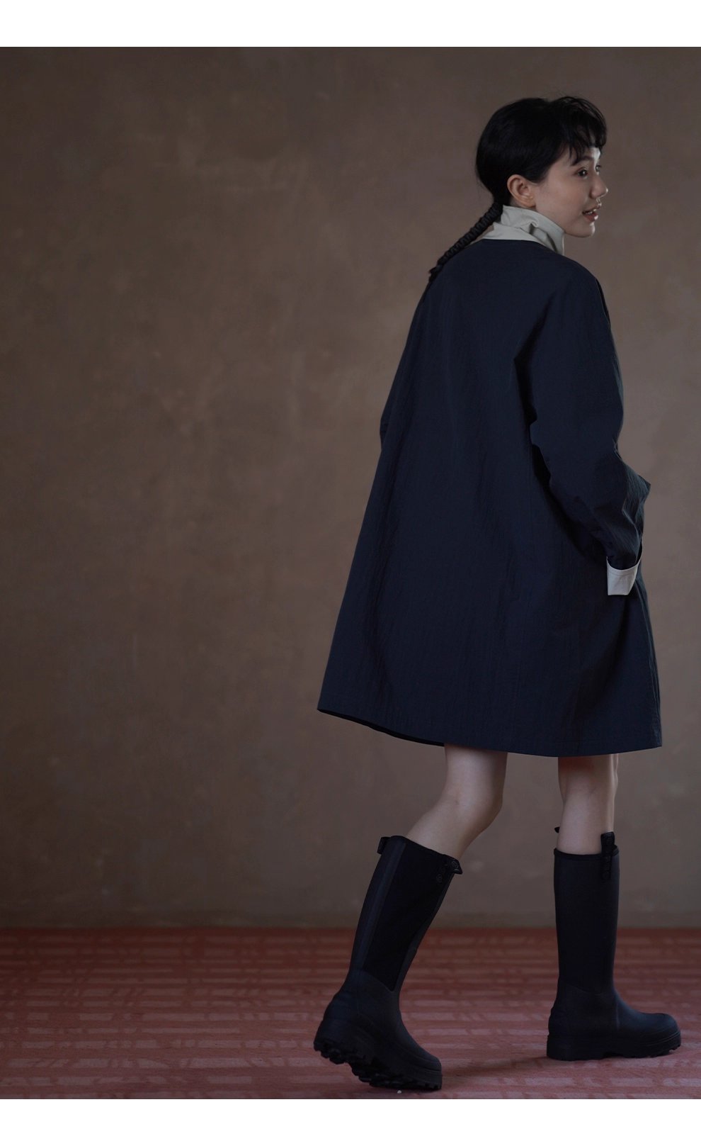 細節滿滿原創外套撞色拼接立領皮袢中長款寬鬆顯瘦風衣