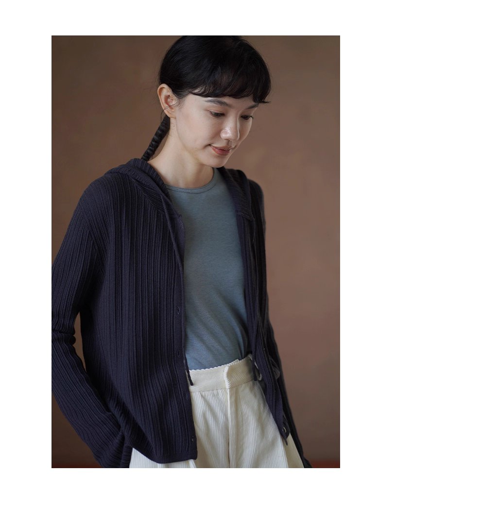 48支超細美利奴羊毛混紡顯瘦坑條織法寬鬆連帽針織開襟衫