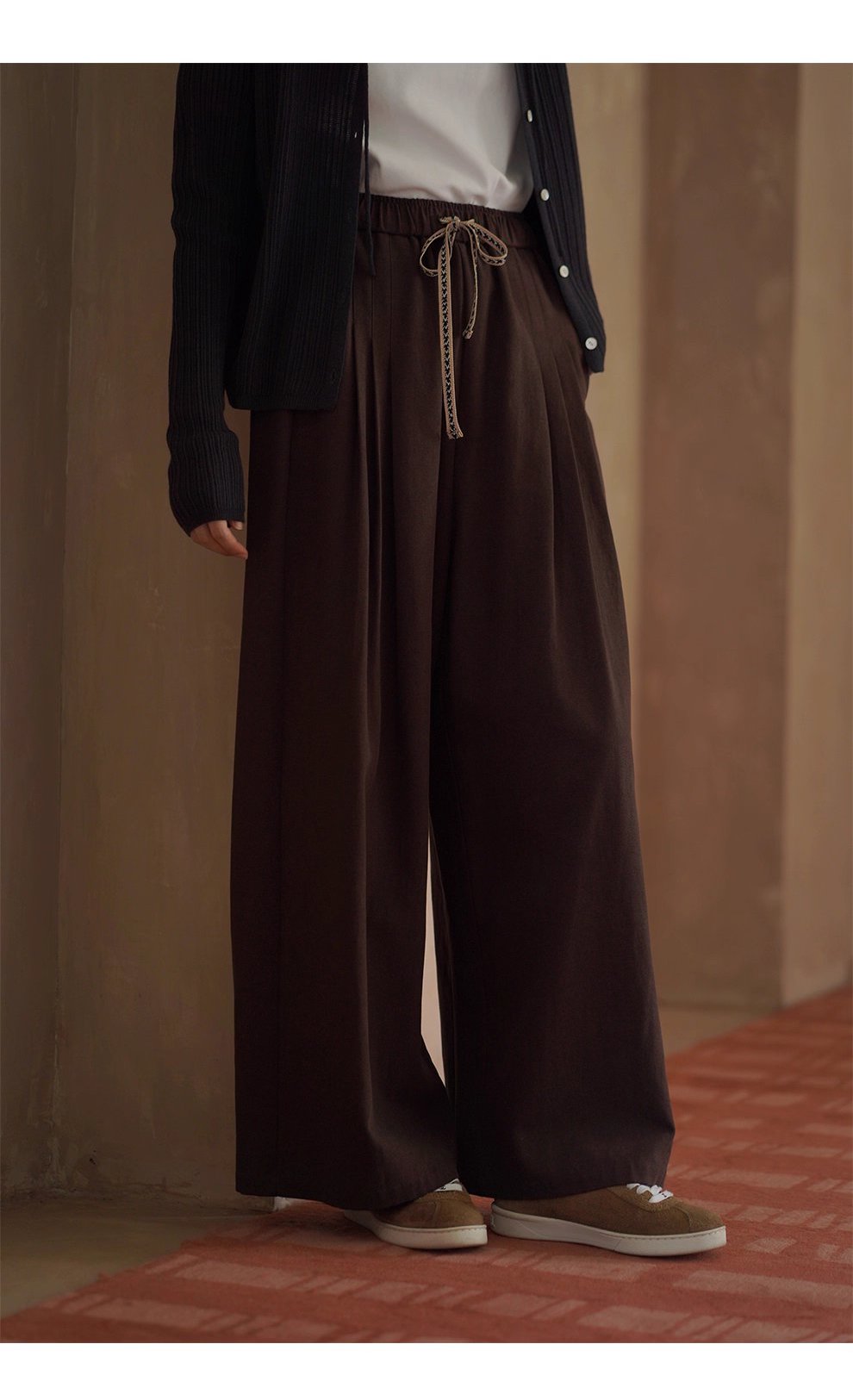 榛果拿鐵長褲顯瘦輪廓柔軟寬鬆織帶抽繩高腰遮肉闊腿褲