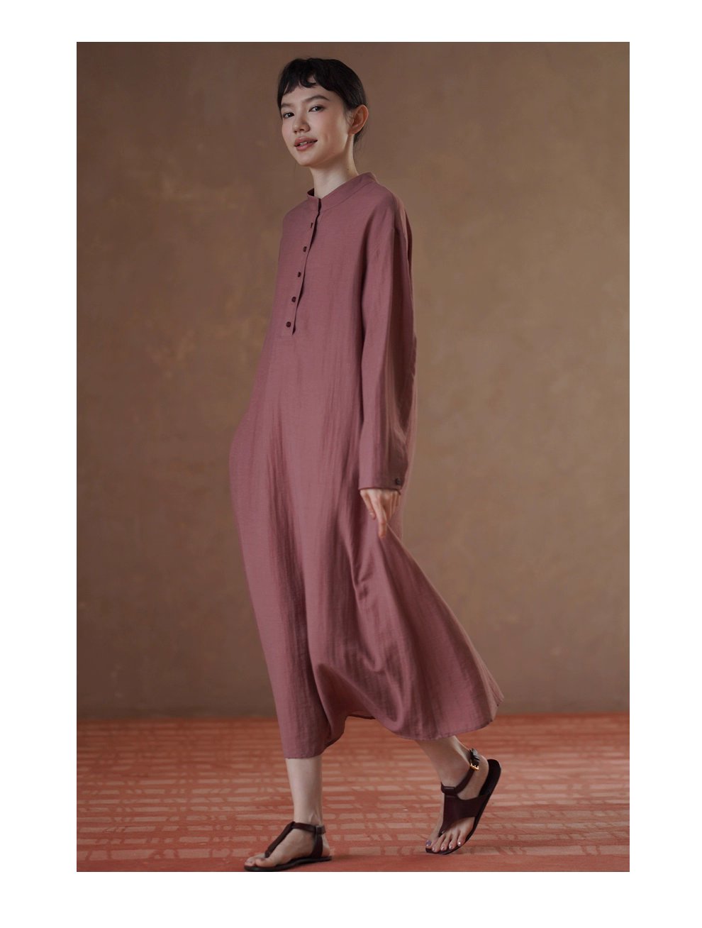 清雅芍藥顯白亞麻混紡透氣挺括顯瘦寬鬆立領襯衫洋裝