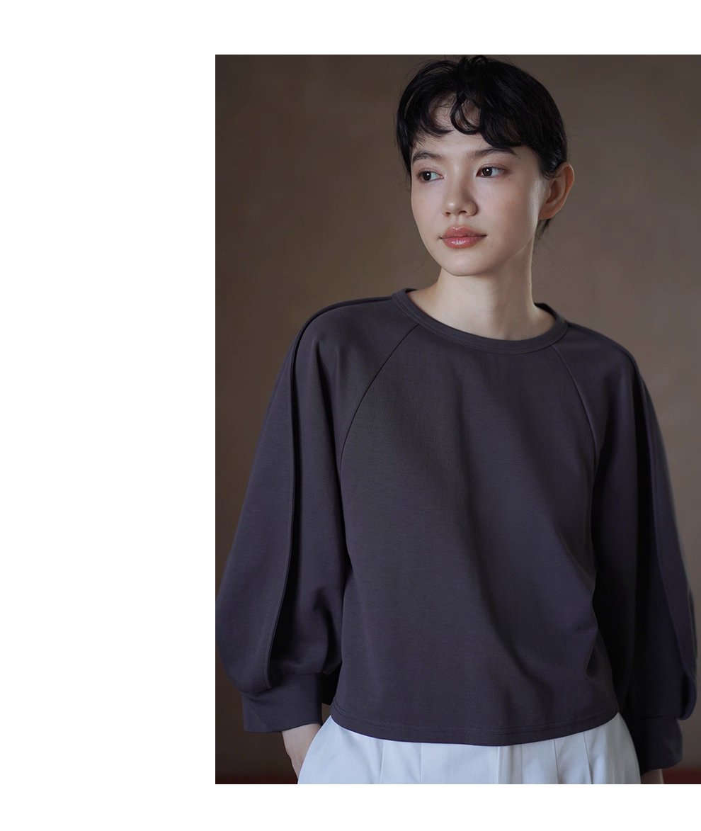 顯瘦遮肉輪廓立體燈籠剪裁插肩袖圓領上衣寬鬆休閒T恤女