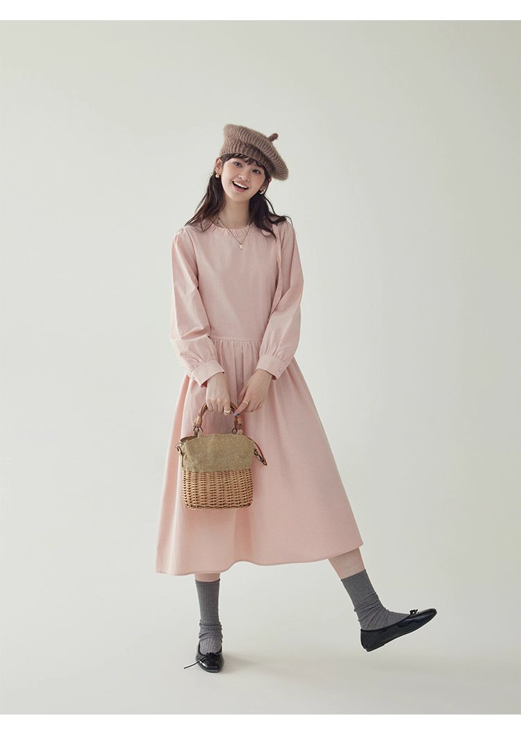 法式繫帶圓領粉紅洋裝女秋新款長袖a字中長裙