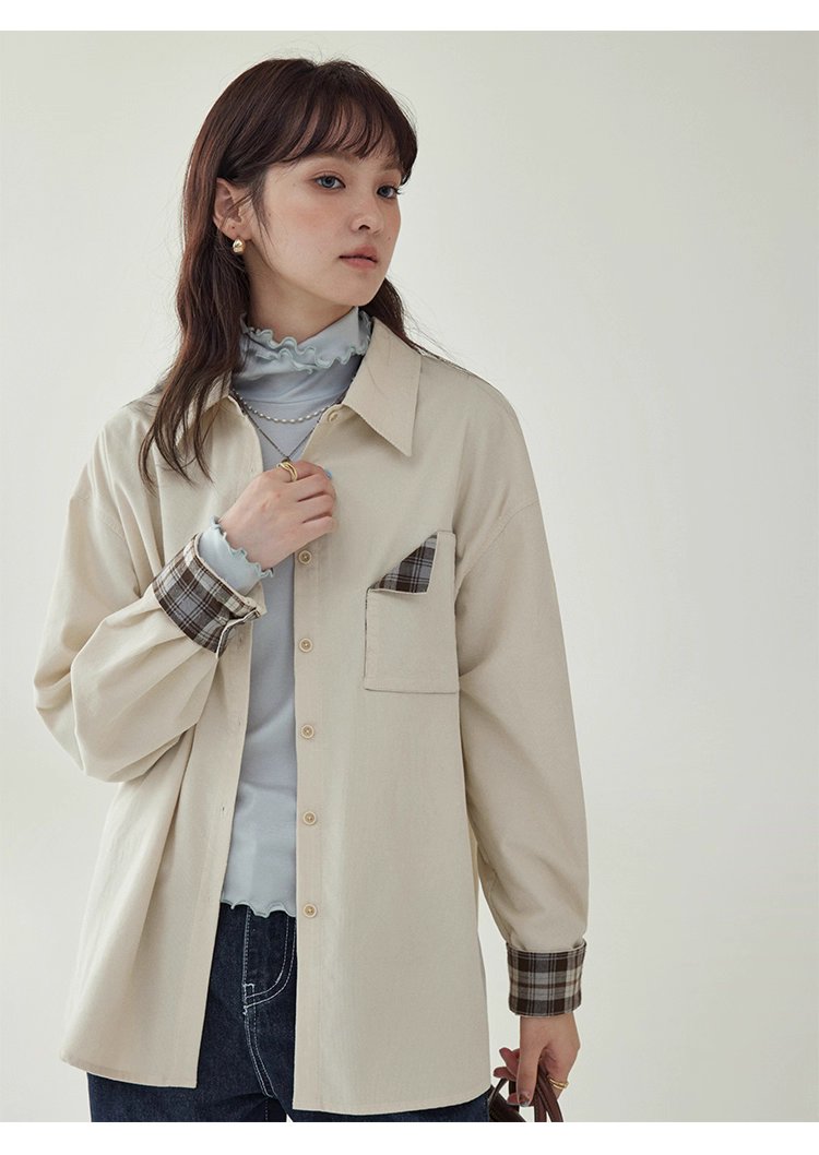 撞色格紋燈芯絨長袖襯衫女秋季新款翻領外套上衣