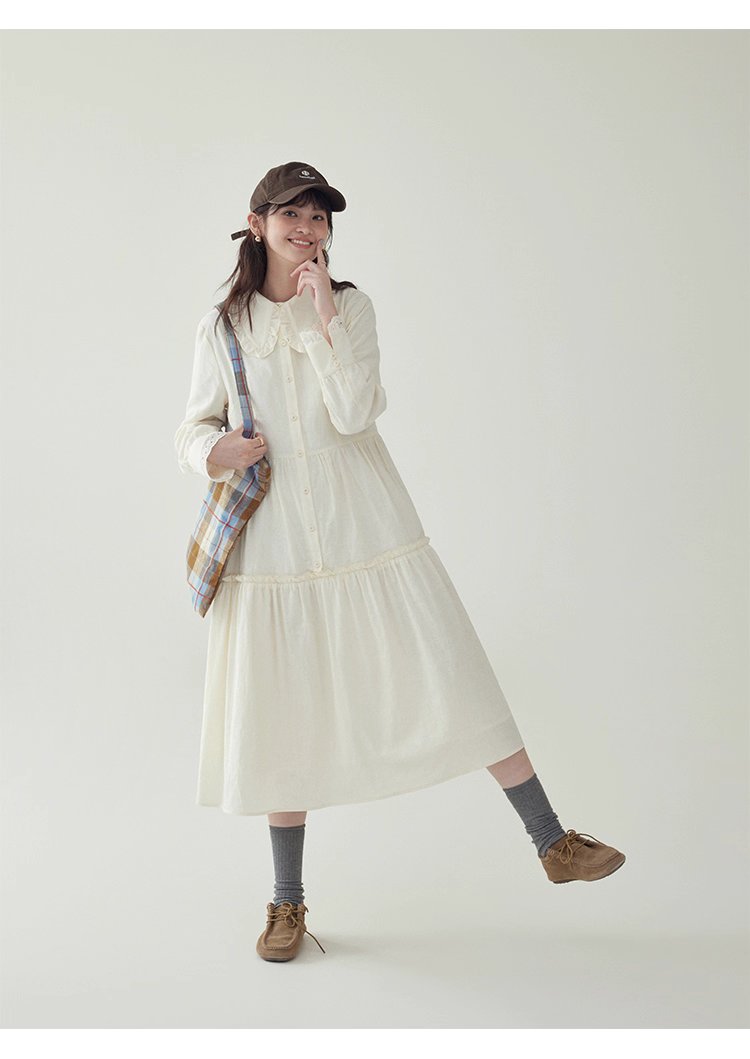 減齡純色花邊翻領洋裝女秋季新款中長娃娃裙