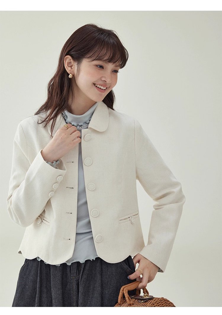 小香風純色單排扣短外套女秋新款波浪擺長袖上衣