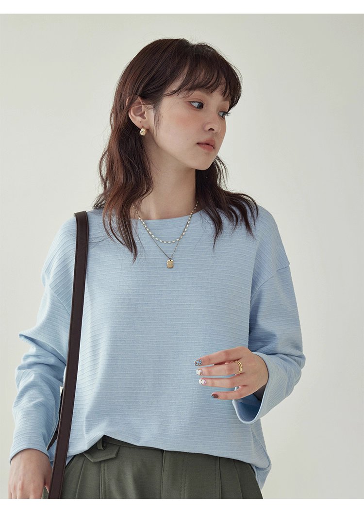 韓系藍線圓領長袖T恤女秋季新款簡約寬鬆上衣