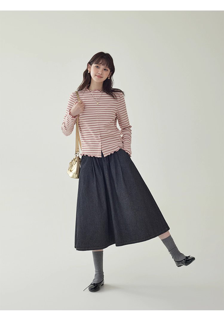 下擺扣條紋兩穿內搭T恤女秋新款花邊長袖上衣