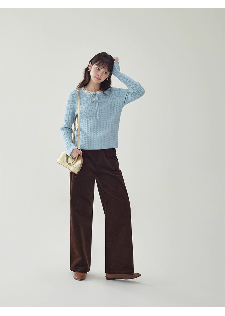 藍色綁帶圓領扭花針織衫女秋季新款百搭長袖上衣