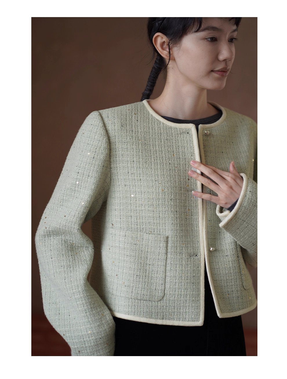 茉莉花紗編織小香羊毛混紡肌理感通勤顯瘦短版西裝外套